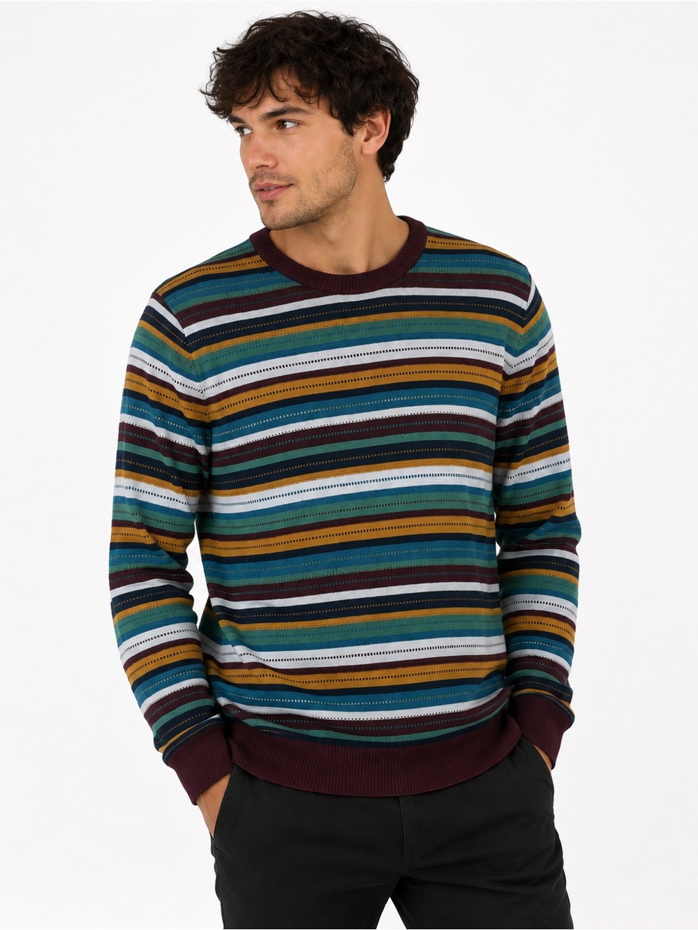 Brooks Brothers Mens Polo Sweater LG Earthy Striped All Cotton Crewneck Preppy
